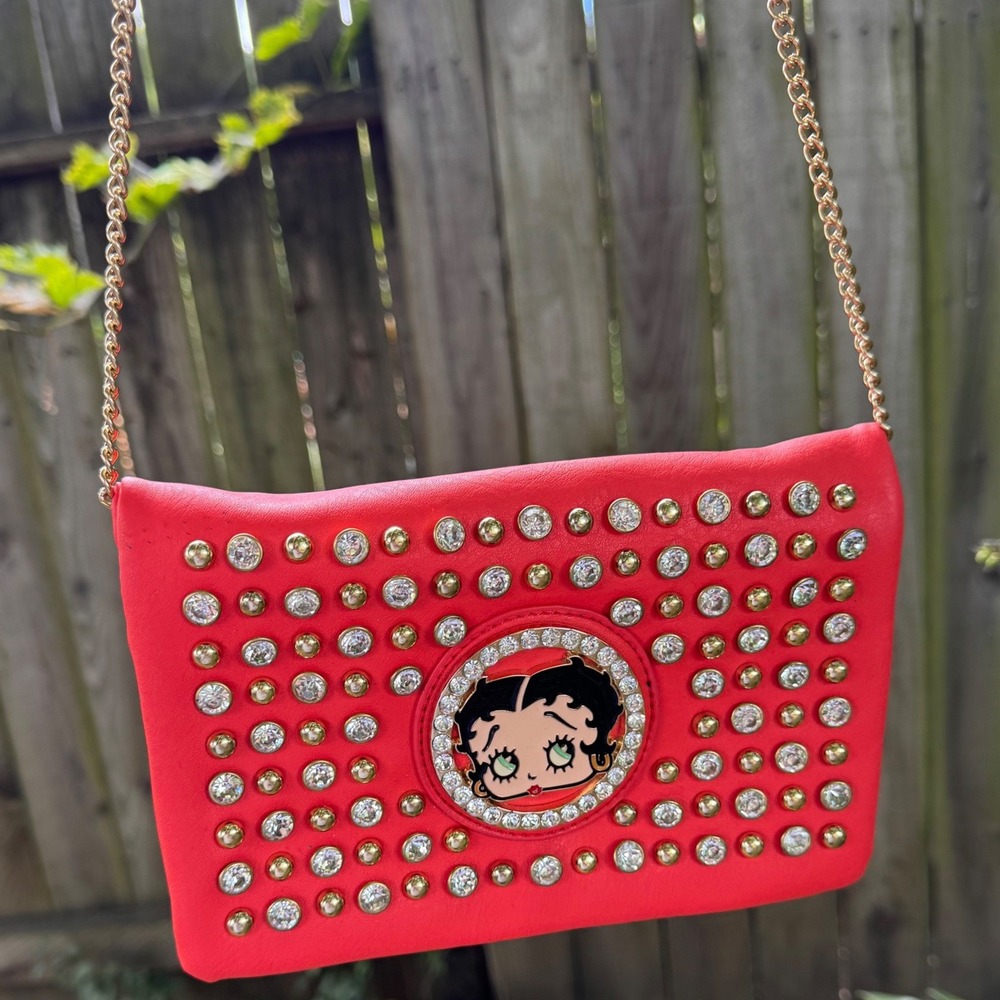 Betty Boop Red Studded Crossbody Bag Rhinestone Faux Leather Gold Chain Strap